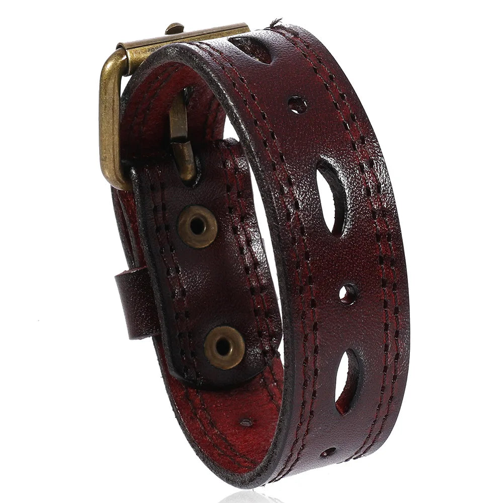 MKENDN Norse Viking Wide Cowhide Leather Punk Wristband Adjustable Cuff Bangles for Men Women Friendship Bracelets Gifts