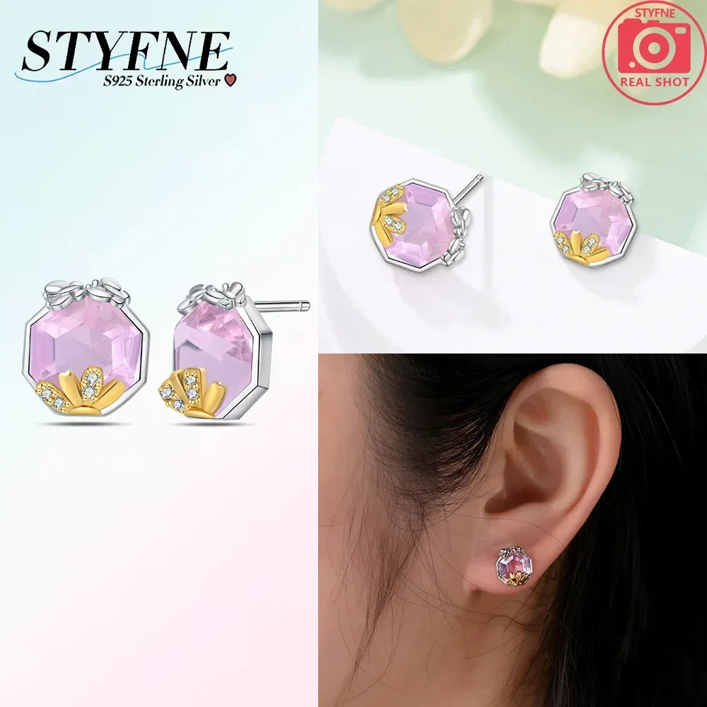 925 Sterling Silver Earrings Women Jewelry Butterfly Flower Pink Flowers Zircon Hoop Ear Studs Sparkling Earring Wedding Gift