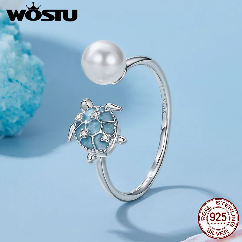 WOSTU Ocean Jewelry 925 Sterling Silver Starfish Turtle Open Ring Women Blue Conch Manta Fish Stackable Rings Holiday Beach Wear