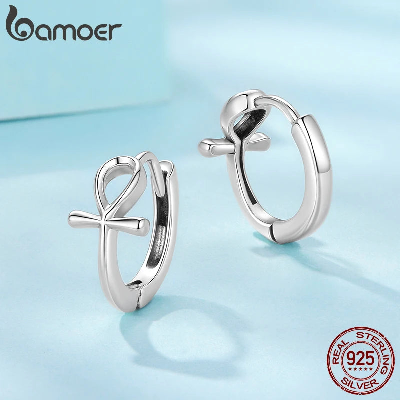 BAMOER 925 Sterling Silver Ankh Cross Huggies Hoop Earrings Original Viking Ear Cuffs for Women Religion Gift Guard Jewelry