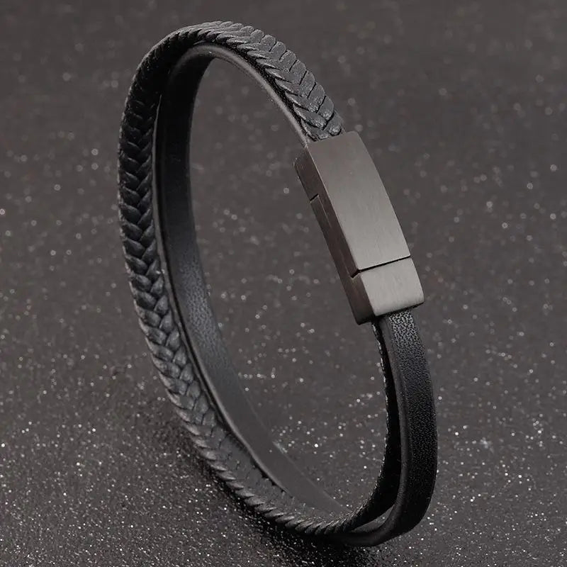 Jiayiqi Doppellagiges geflochtenes Lederarmband für Herren, Schwarz/Braun, Trendiges Herrenarmband, Schlichtes Design, Geschenkidee für Männer