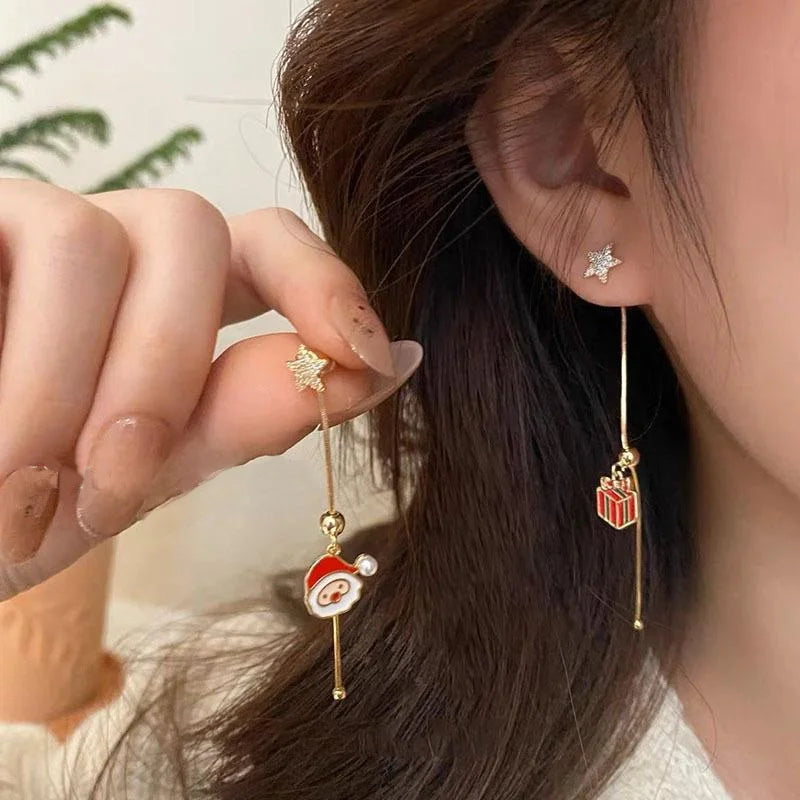 Moving Santa Claus Asymmetric Long Tassel Drop Earrings For Women Christmas Tree Snowflake Star Zircon Earring New Year Jewelry