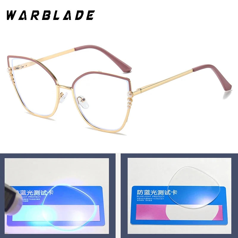 High Quality Metal Computer Glasses Frame Women Men Anti Blue Light Pearl Cat Eye Eyewear Blocking Optical Spectacle Eyeglass