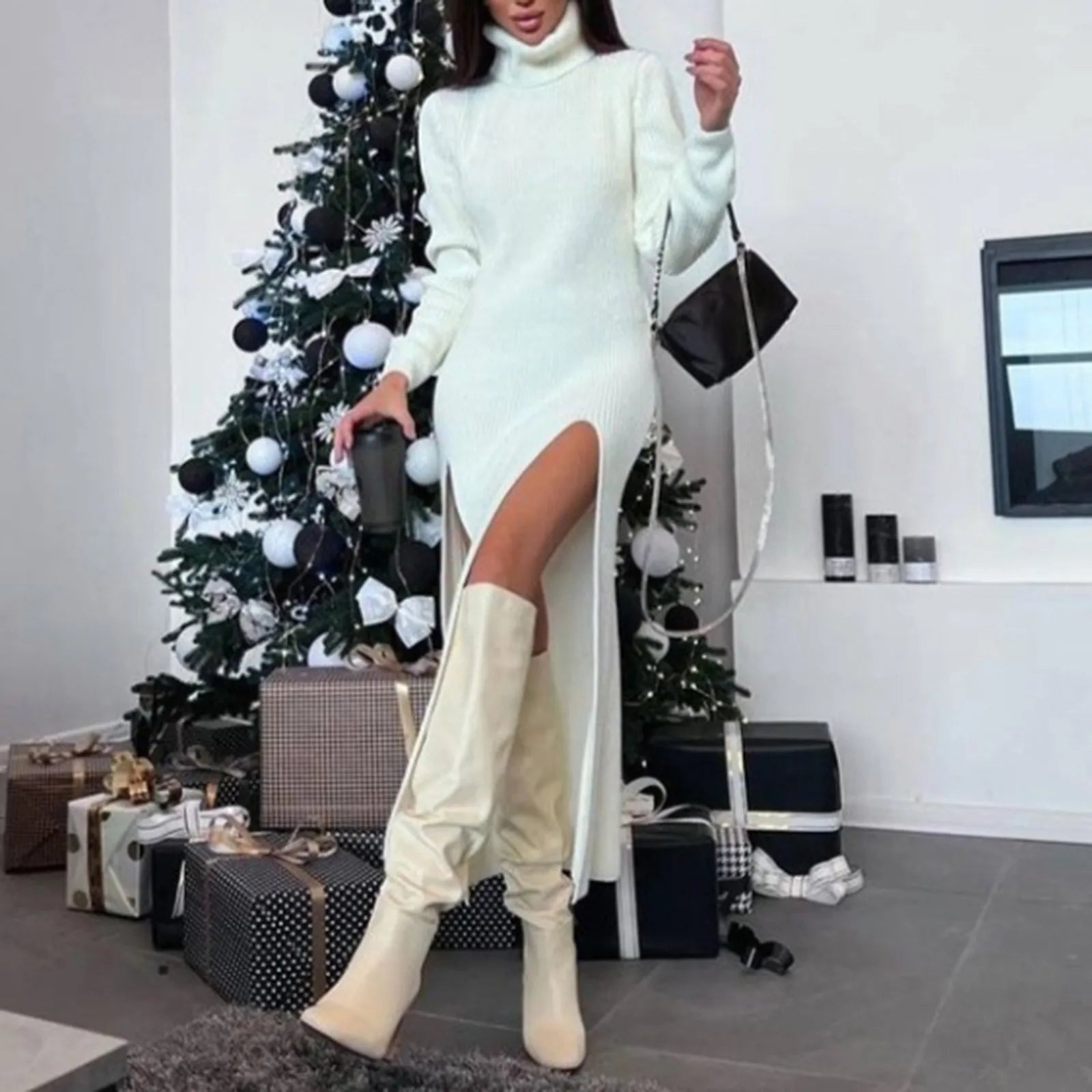 Sexy Bodycon Slit Knitted Sweater Dresses Long Sleeve Turtleneck Knitt Sexy Bodycon Slit Knitted Sweater Dresses Long Sleeve Turtleneck Knitt