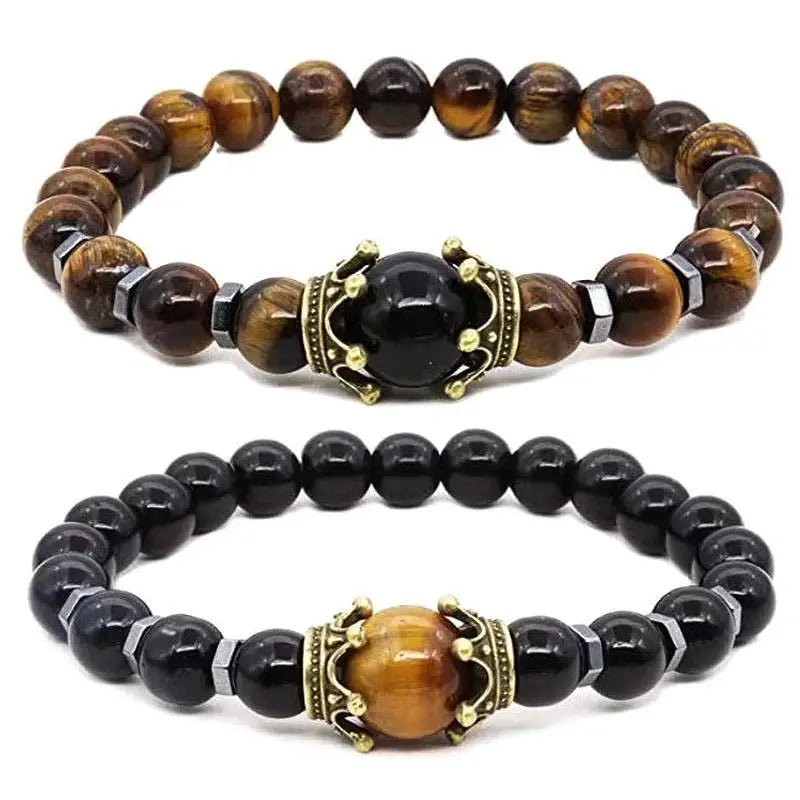 Fashionable Large Crown Tiger Eye Stone Bracelet Agate Matte Beaded Stylish Hand Chain Popular Jewelry Accessory