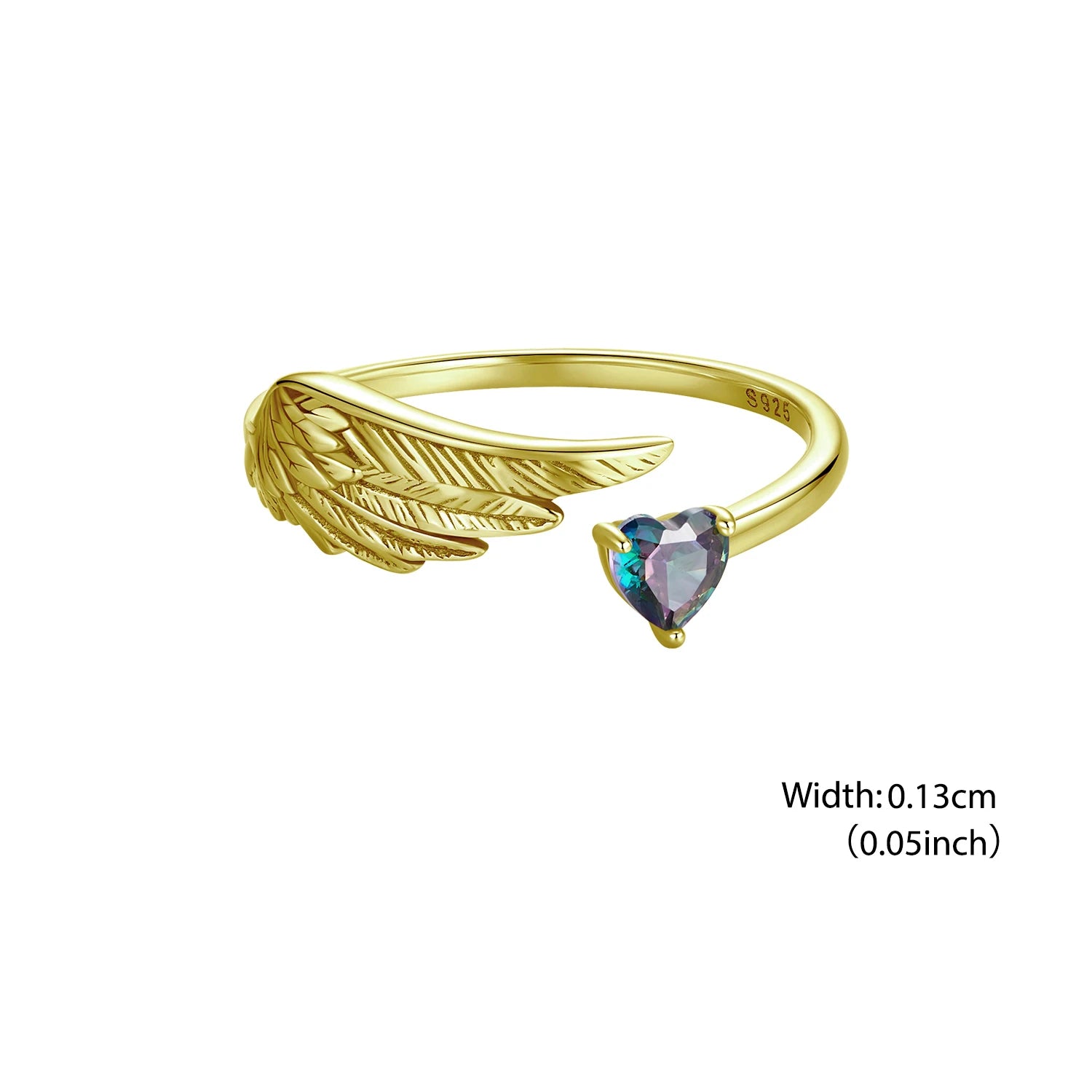 BISAER 925 Sterling Silver Wing Open Ring Heart Zircon Statement Band Adjustable 18K Gold-Plated for Women Party Fine Jewelry