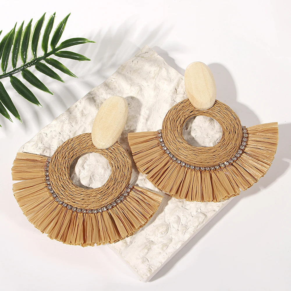 AENSOA Handmade Woven Rattan Knit Raffia Wooden Drop Earrings for Women Bohemian Circular Fan Shaped Statement Earrings Jewelry