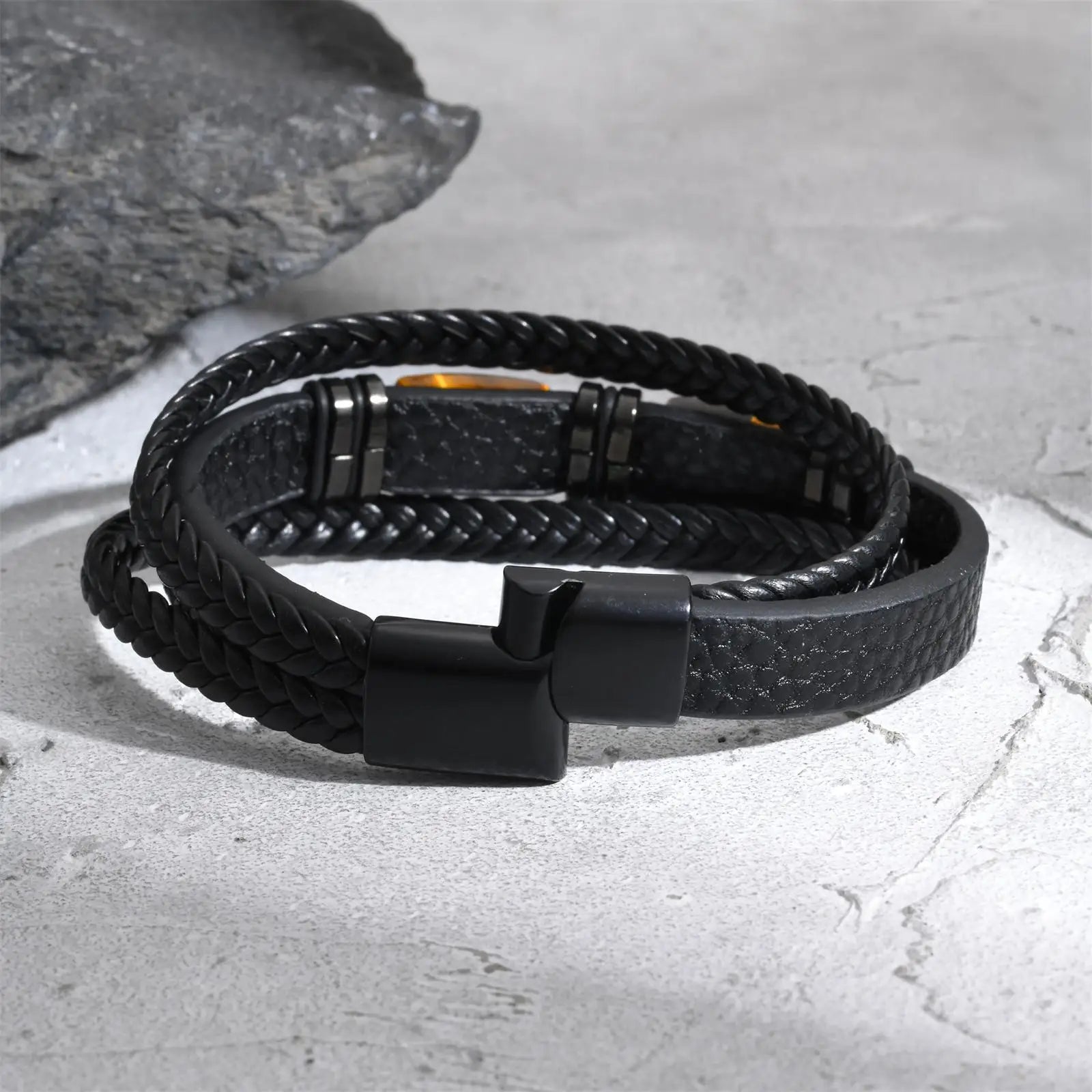 Bracelets en cuir et perles de pierre œil de tigre Vnox, bracelets joncs en cuir noir tressé superposés, bracelets anti-stress en pierre naturelle
