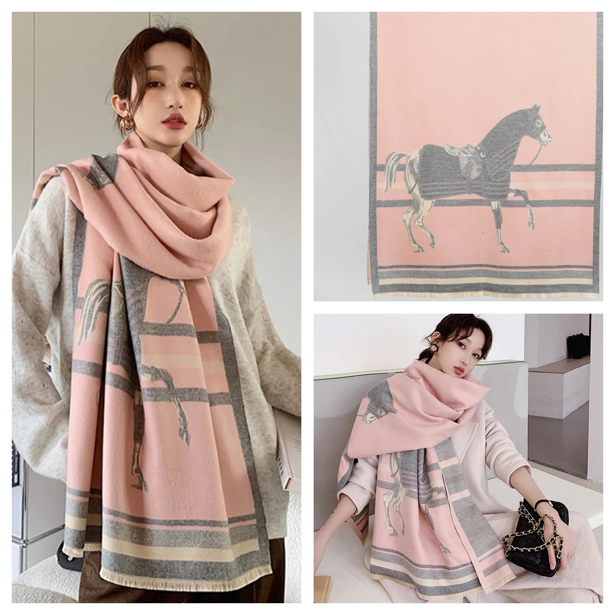 Women's Autumn Winter Horse Pattern Scarf New Luxury Cashmere Feeling Large Blanket Wrap Soft Warm Brand Shawl Retro & Classical - Madeinsea©