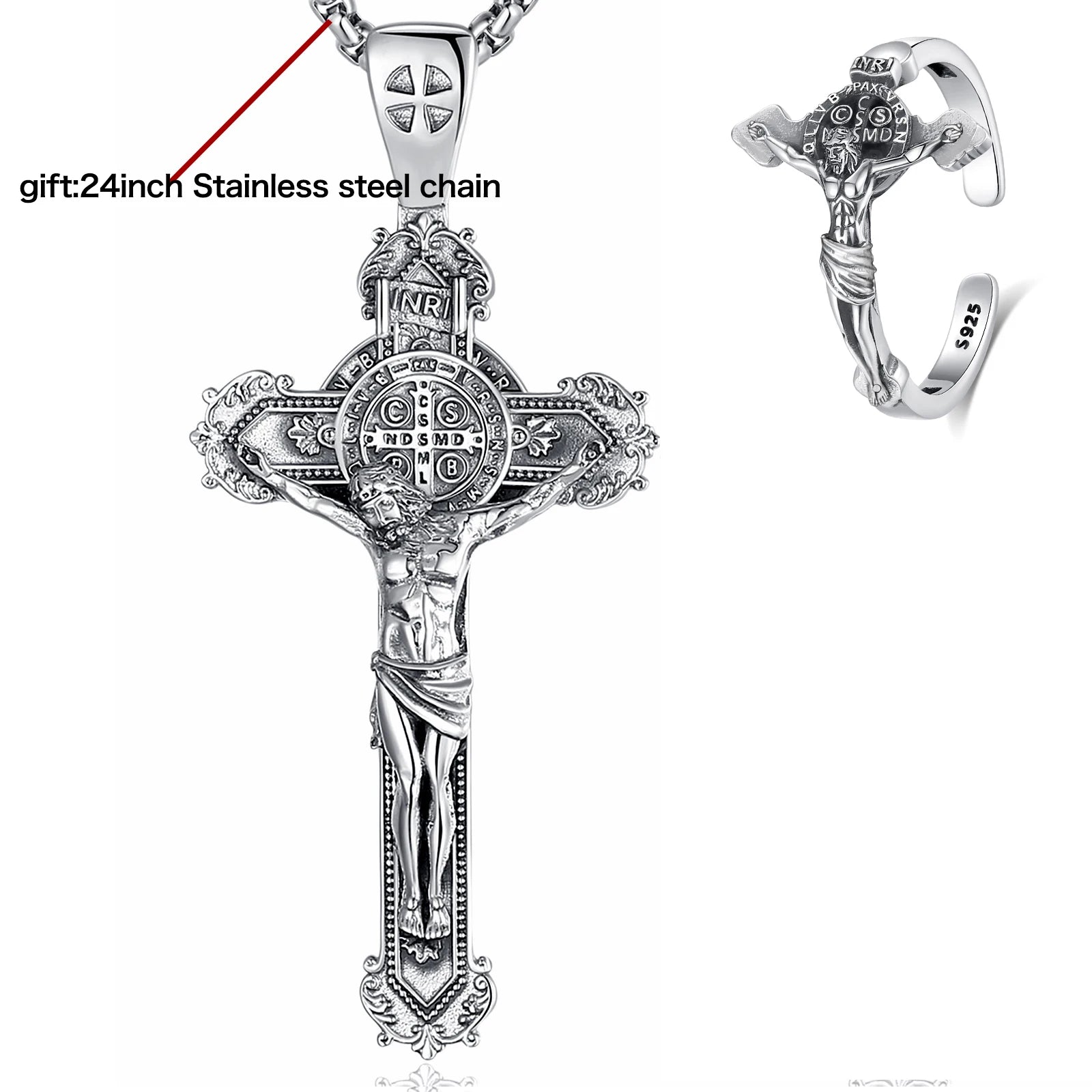 Eudora 925 Sterling Silver Saint Benedict Rings & Necklace San Benedict Crucifix Cross Jewelry Set Religious Gift for Man Women