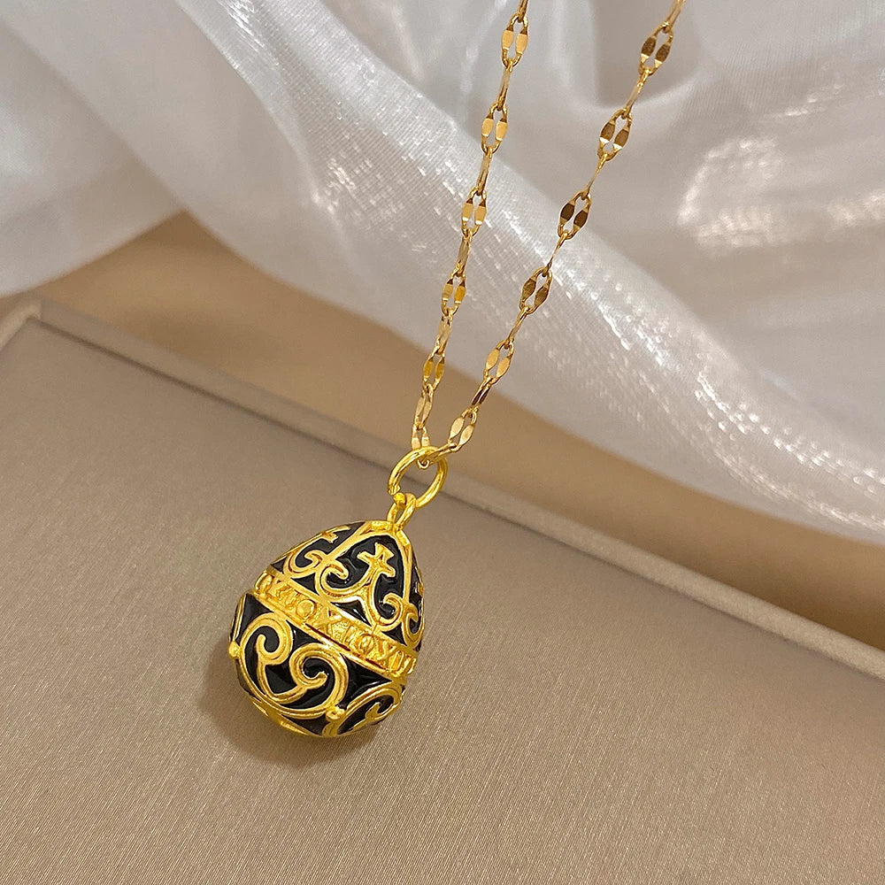 AENSOA Colorful Enamel Easter Egg Pendant Necklaces for Women Guilloche Locket Egg Rhinestone Charm Necklace Gold Color Jewelry