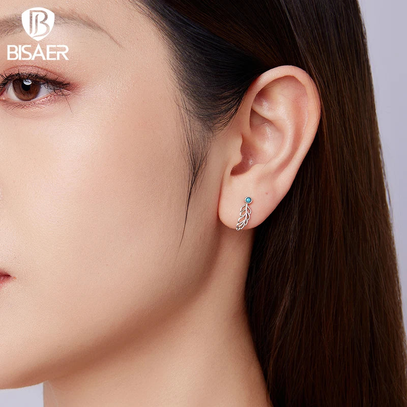 BISAER 925 Sterling Silver Turquoise Feather Stud Earrings Vintage Feathers Stud Ear for Women & Girls Party Fine Jewelry Gift