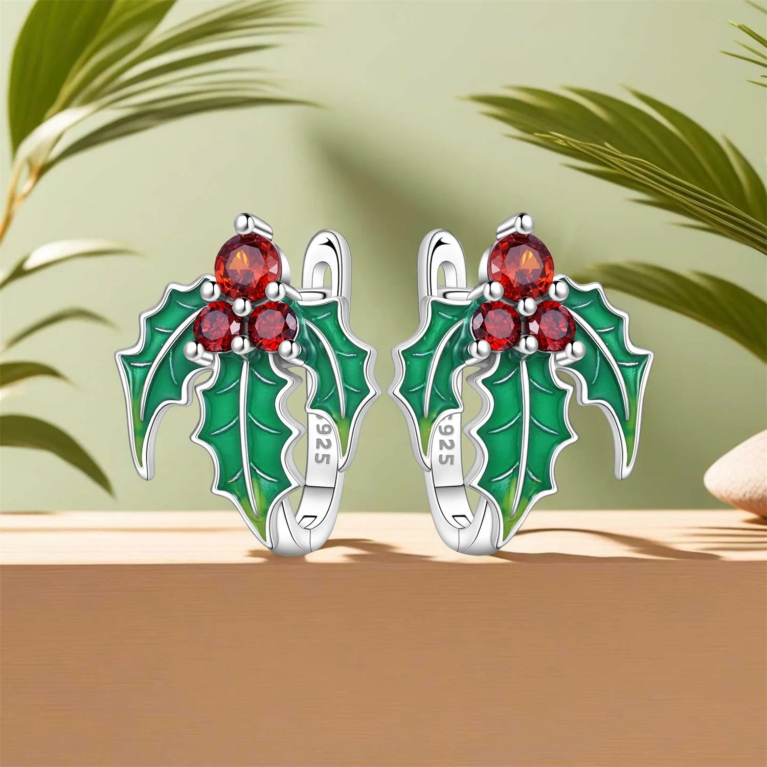 PANPOKI 925 Sterling Silver Green Christmas Holly Earrings Silver Hoop Earrings For Women Jewelry Original Party Gifts