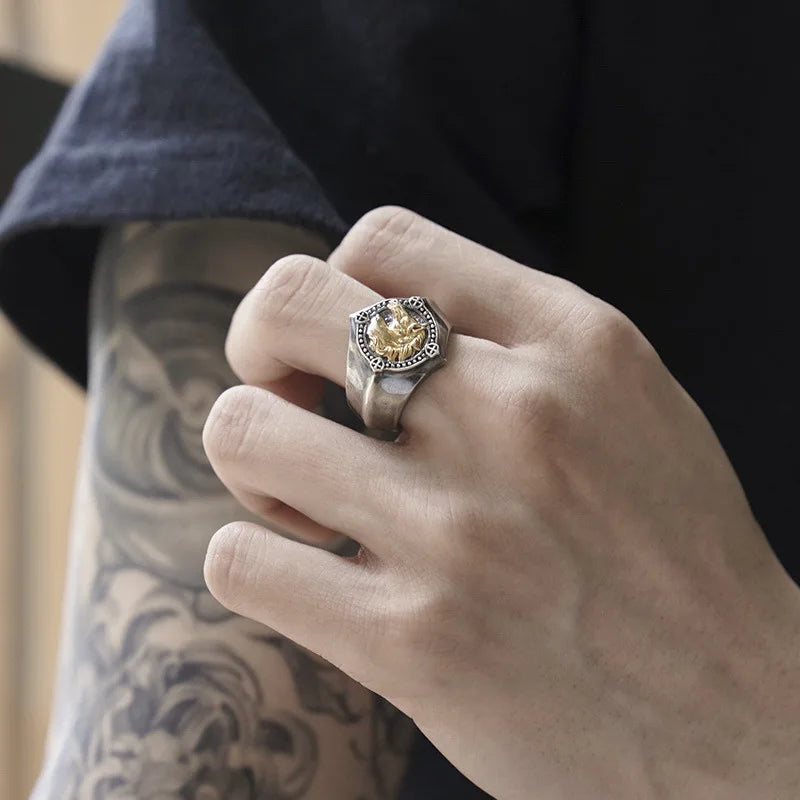 Retro War Horse Ring For Men Punk Gothic Rock Hiphop Open Ring Handmade Designer Unisex Jewelry Biker Accessories Lover Gift