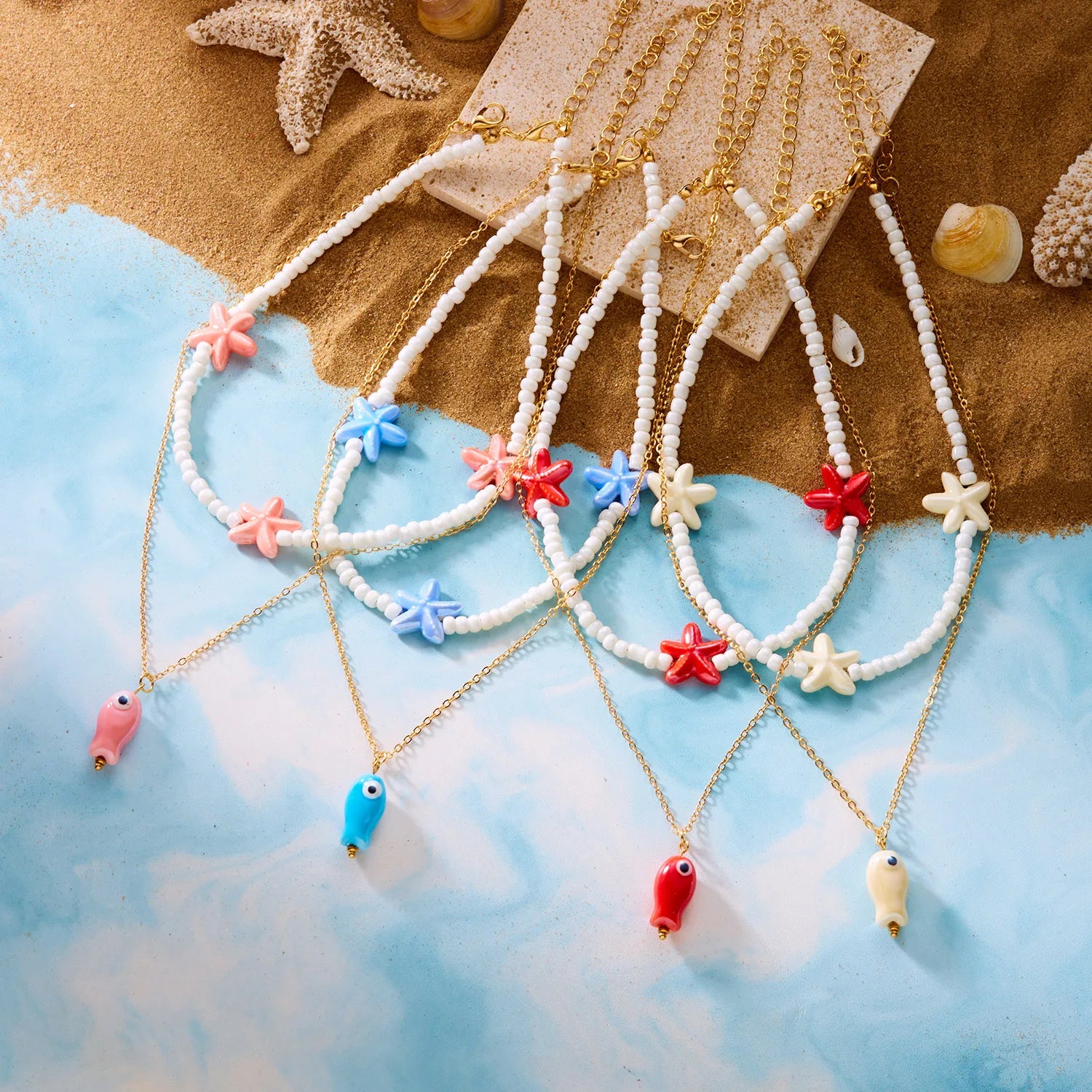 Boho Ceramic Small Fish Starfish Pendant Necklace for Women Vintage Double Layer Rice Beads Beaded Metal Chain Choker Jewelry