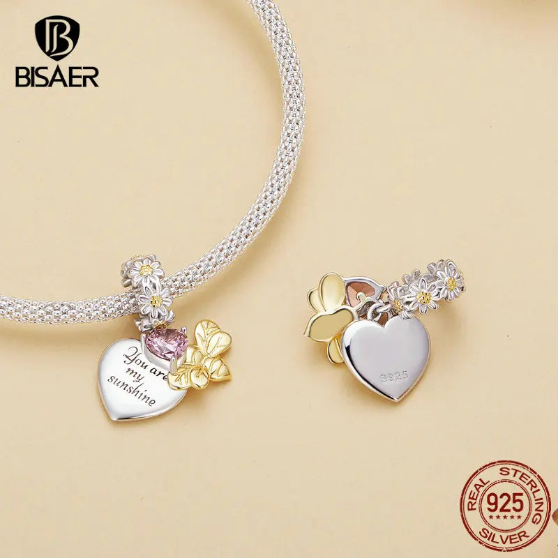 BISAER 925 Sterling Silver Sunflower Dream Charm Bead Daisy Bee Pendant Safety Chain Plated Gold Fit Girl Bracelet Fine Jewelry