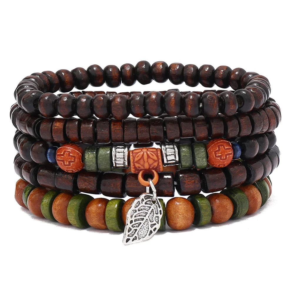 Vintage Cross Multi-Layer Beaded Wooden Beads Men's Bracelet Multi-Piece Set Bracelet
