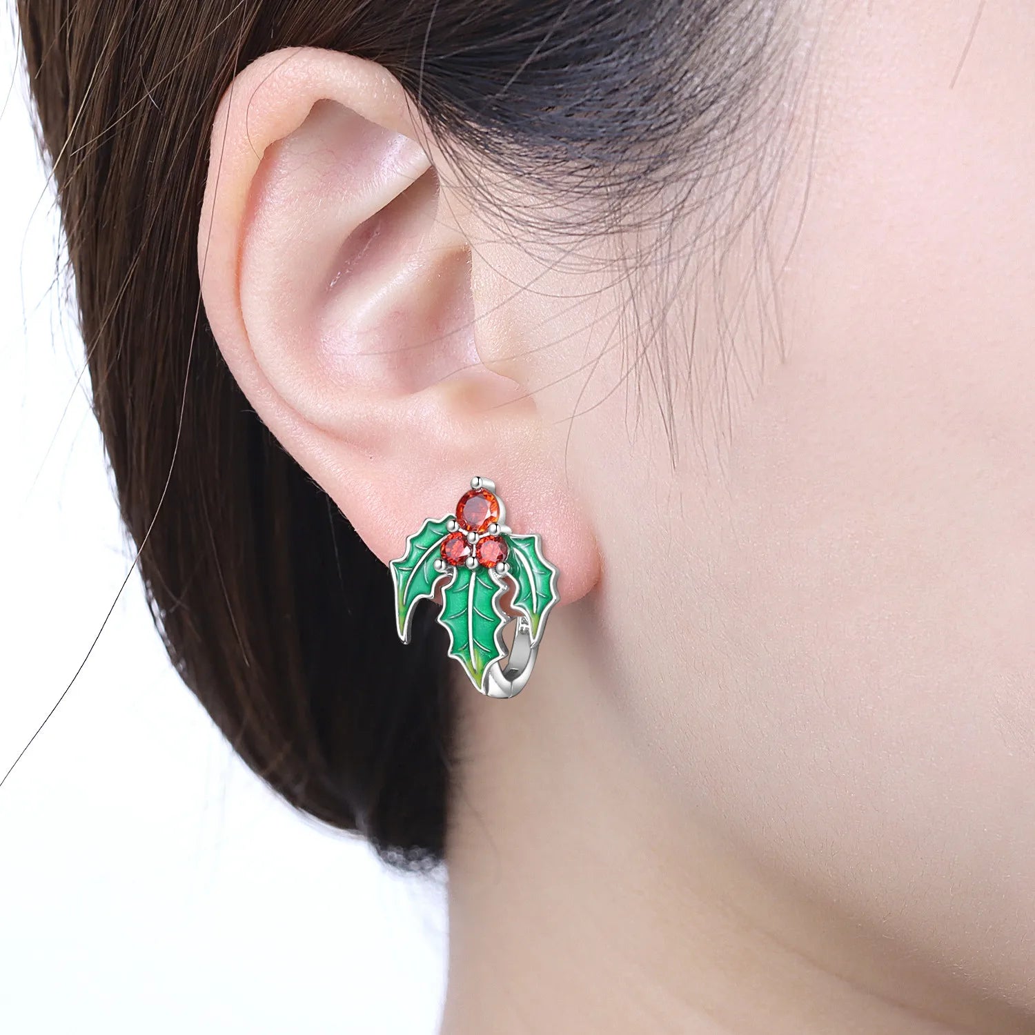 PANPOKI 925 Sterling Silver Green Christmas Holly Earrings Silver Hoop Earrings For Women Jewelry Original Party Gifts