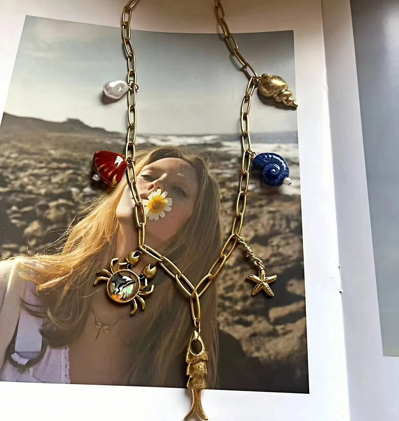 Beach Fish Coral Shell Multi Charm Summer Necklace