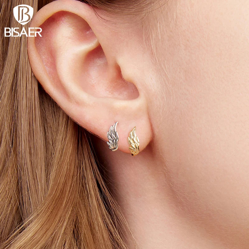 BISAER Solid 925 Sterling Silver Angel Wings Ear Buckles Vintage Wing Hypoallergenic Earrings Plated Gold for Women Fine Jewelry