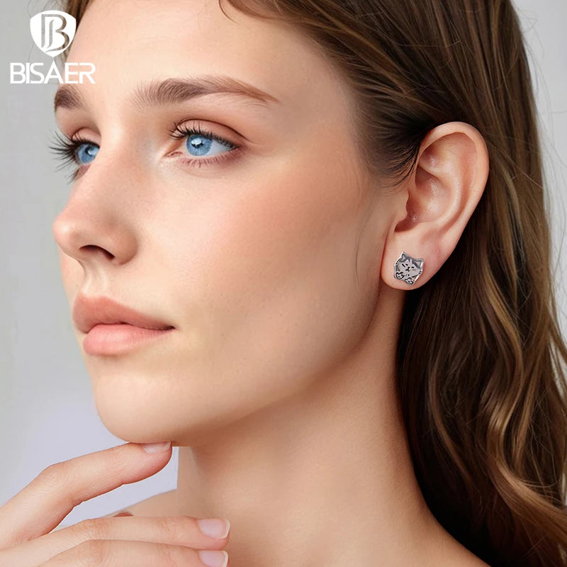 BISAER Real 925 Sterling Silver Cute Bowtie Cat Sud Earrings Lovely Pet Animals Stud Ear for Women & Girls Party Fine Jewelry