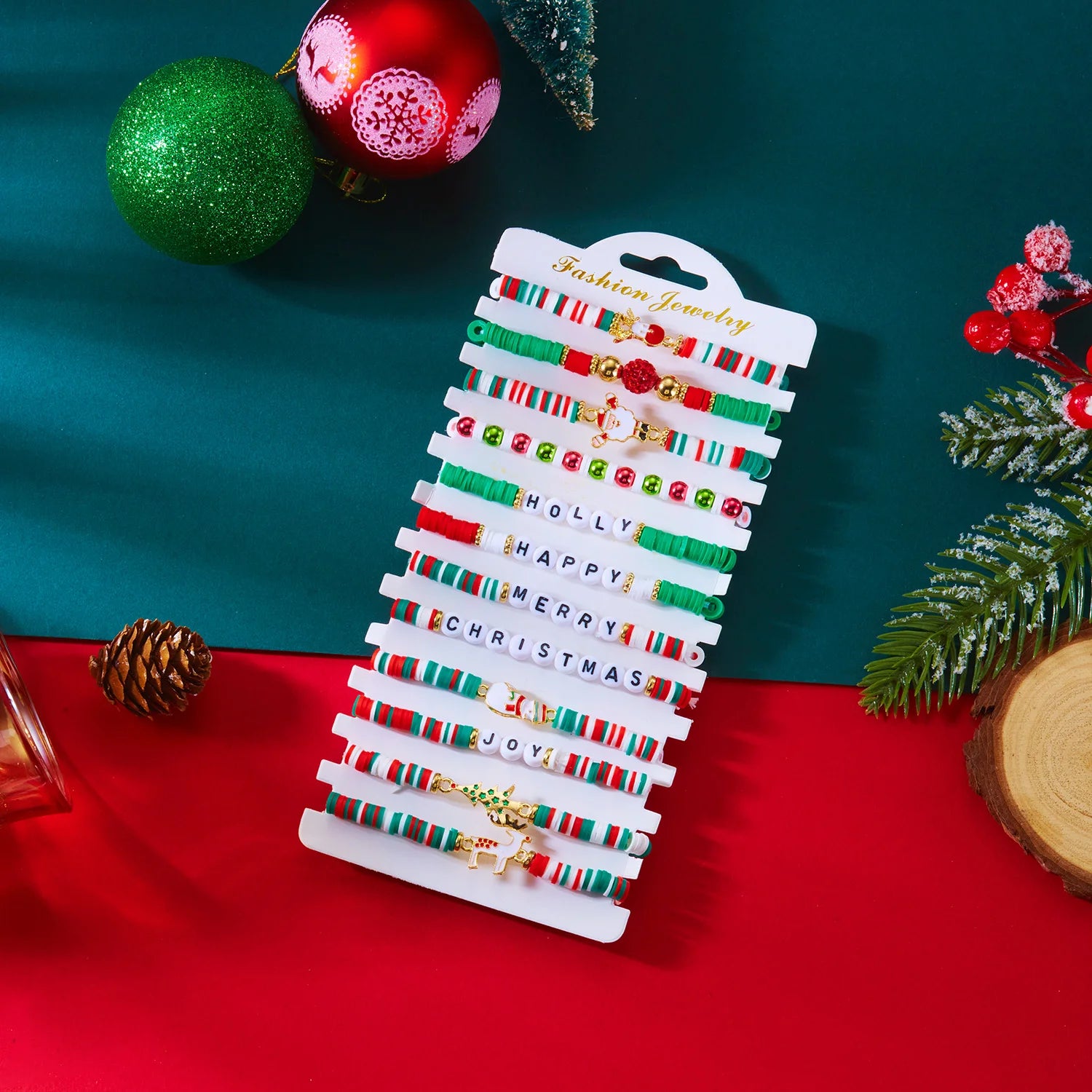 12/10Pcs Elastic Beaded Bracelets Christmas Colorful Beads Soft Clay Pottery Stretchy Strand Chain Bangle Party Festival Jewelry