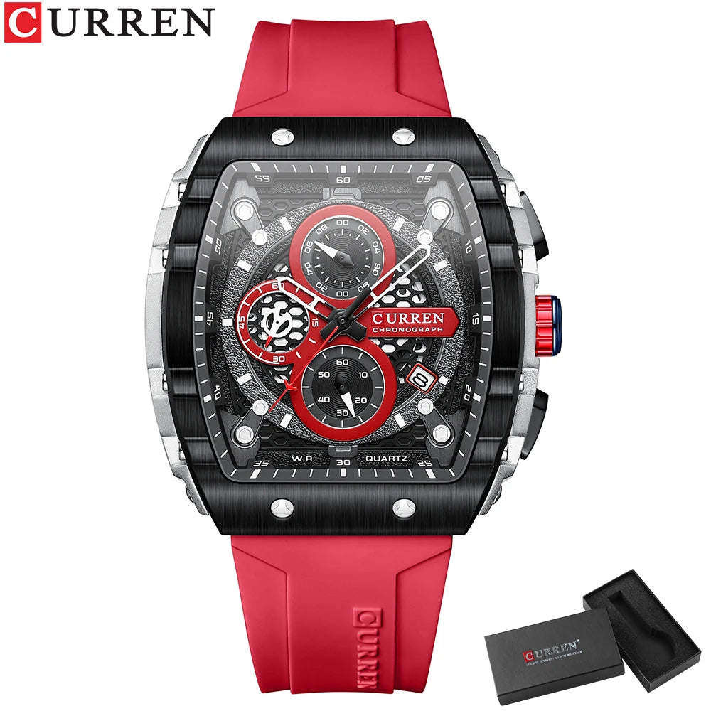 CURREN Fashion Sports Watches with Large Dial Unique RectangularHollow Design Quartz Wristwatches with Chrongraph Auto Date 8442