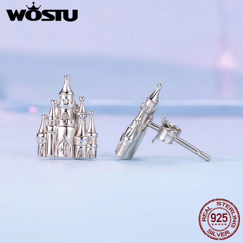 WOSTU 925 Sterling Silver Princess Castle Stud Earrings For Women, Dainty Fairy Tale Inspired Jewelry Unique Gift for Girls
