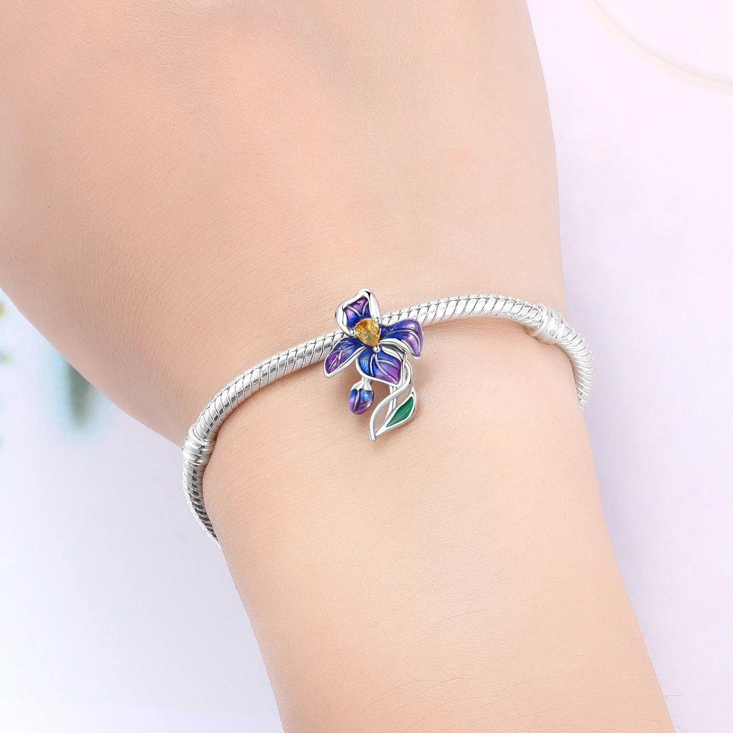 PANPOKI 925 Sterling Silver Blue Purple Iris Flower Beads Original Pendants Bracelet Charm Jewelry Party DIY Trendy Gifts