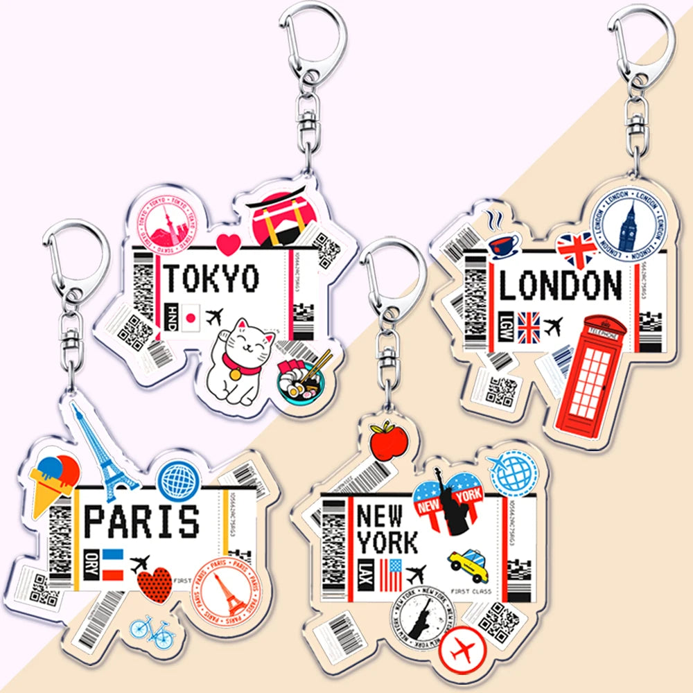 Hot Boarding Pass Keychains for Accessories Bag  NEW YORK TOKYO SEOUL PARIS LONDON Travel Souvenir Tickets Keyring Friends Gifts