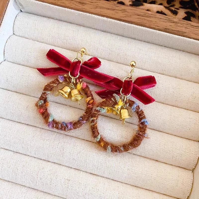 Christmas Snowflake Red Flocking Bowknot Drop Earrings for Women Xmas Cute Elk Snowman Hairball Long Earring Festival Jewelry