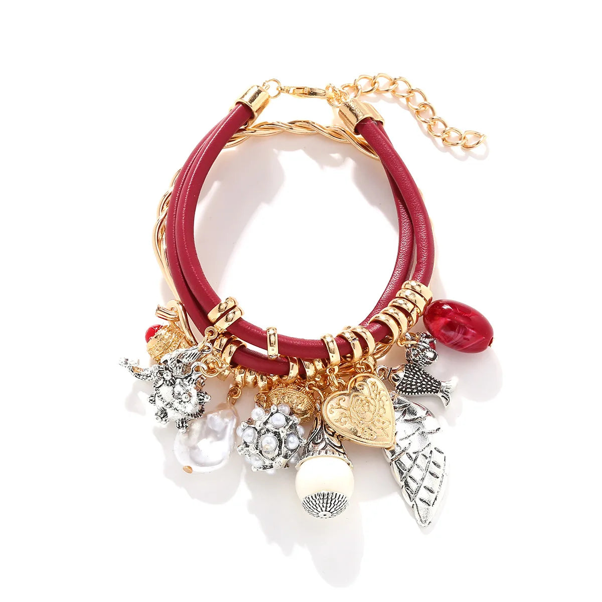 ZAA Luxury Multi-layer Leaf Small Fish Heart Pendant Leather Rope Necklace