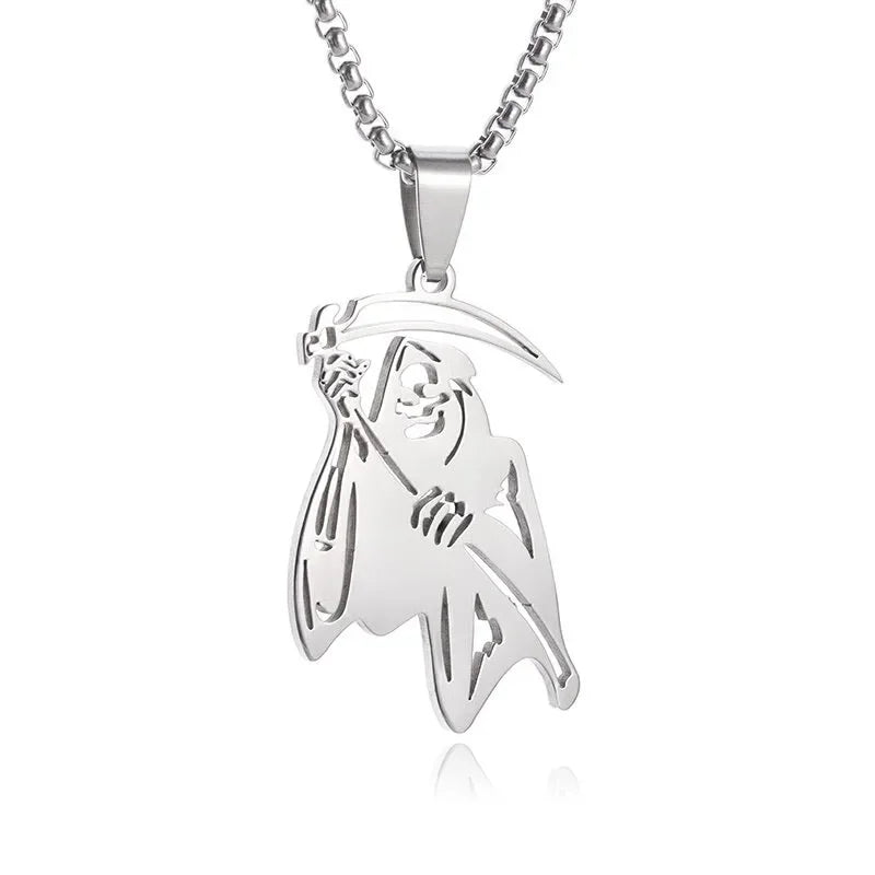 Gothic Vintage Reaper\\\\'s Scythe Necklace Life Ghost Devil Pendant Men\\\\'s Personality Halloween Trend Charm Jewelry Gift
