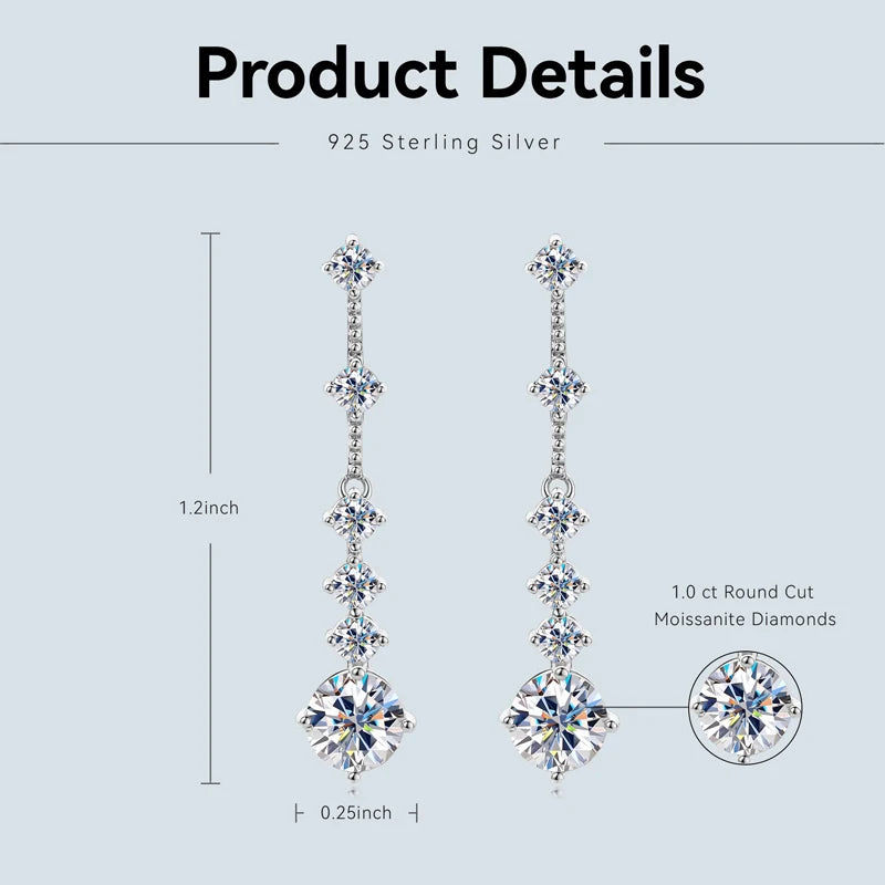 OXTAO 3ct Moissanite Drop Piercing Earrings 925 Sterling Silver Long Chain Tassel Earring for Women Wedding Jewelry Gifts GRA
