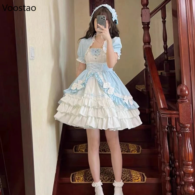 Victorian Vintage Lolita Dress Women Gothic Y2k Puff Short Sleeve Laminated Flounces Mini Dresses Bow Ruffles Princess Vestidos - Madeinsea©