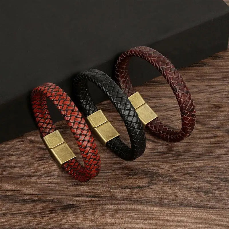Classic Men Jewelry Braided Leather Bracelet Simple Design Magnetic Clasp Vintage Bangles Gift Dropshipping