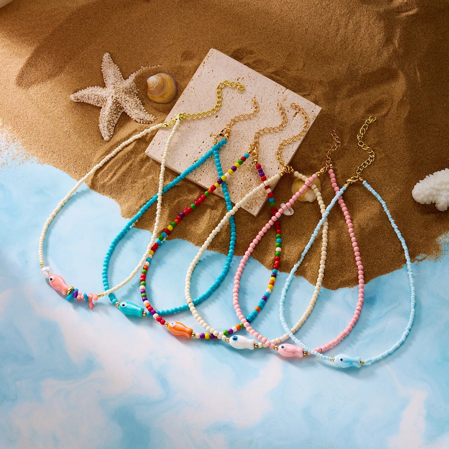 Colorful Ceramic Fish Beaded Necklace For Women Unisex Handmade Rice Beads Choker Beach Party Aesthetic Charm Jewelry Gifts