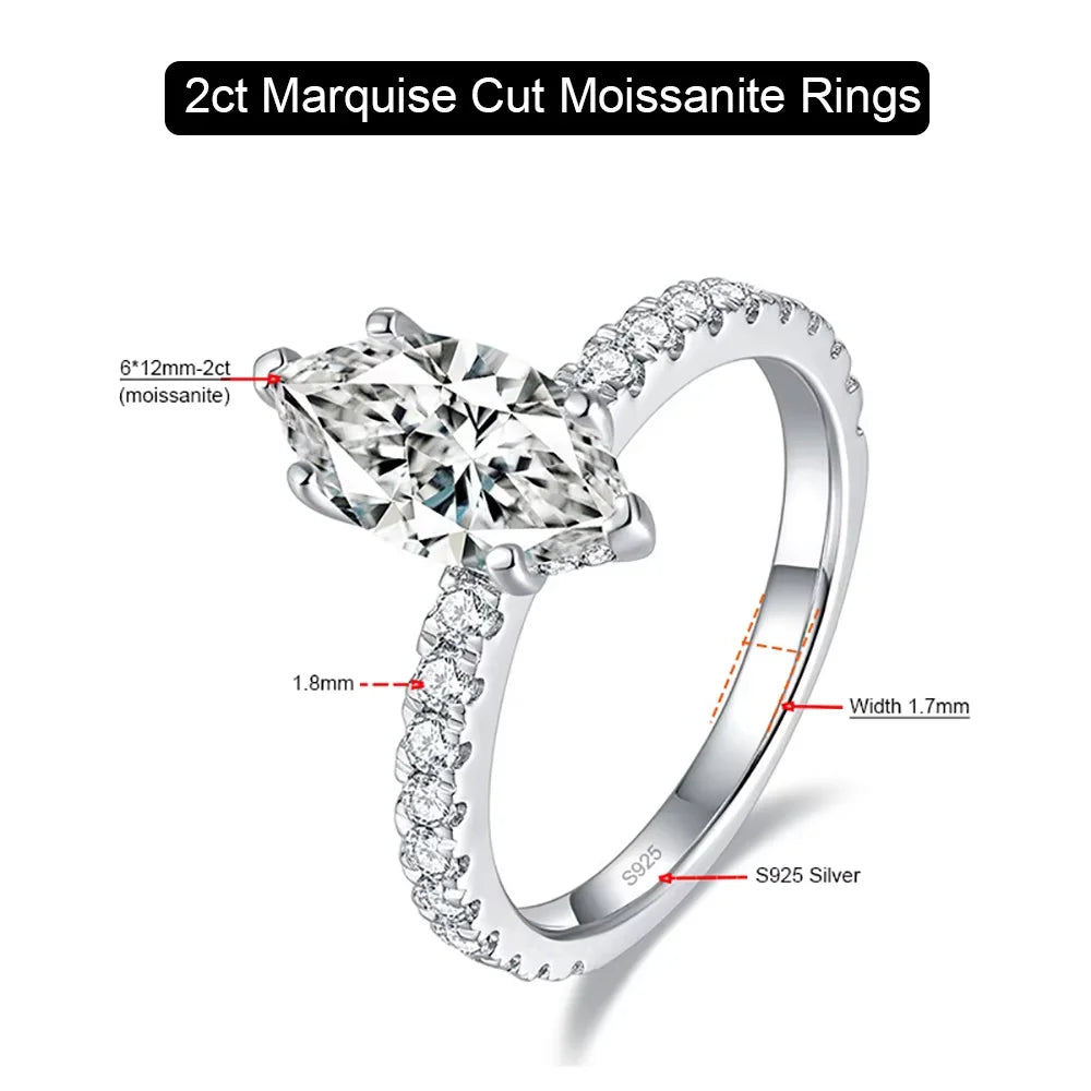 Serenity 2ct Marquise Cut D Color Moissanite Rings for Women Wedding Bridal 100% S925 Sterling Silver Eternity Rings Plated 18K