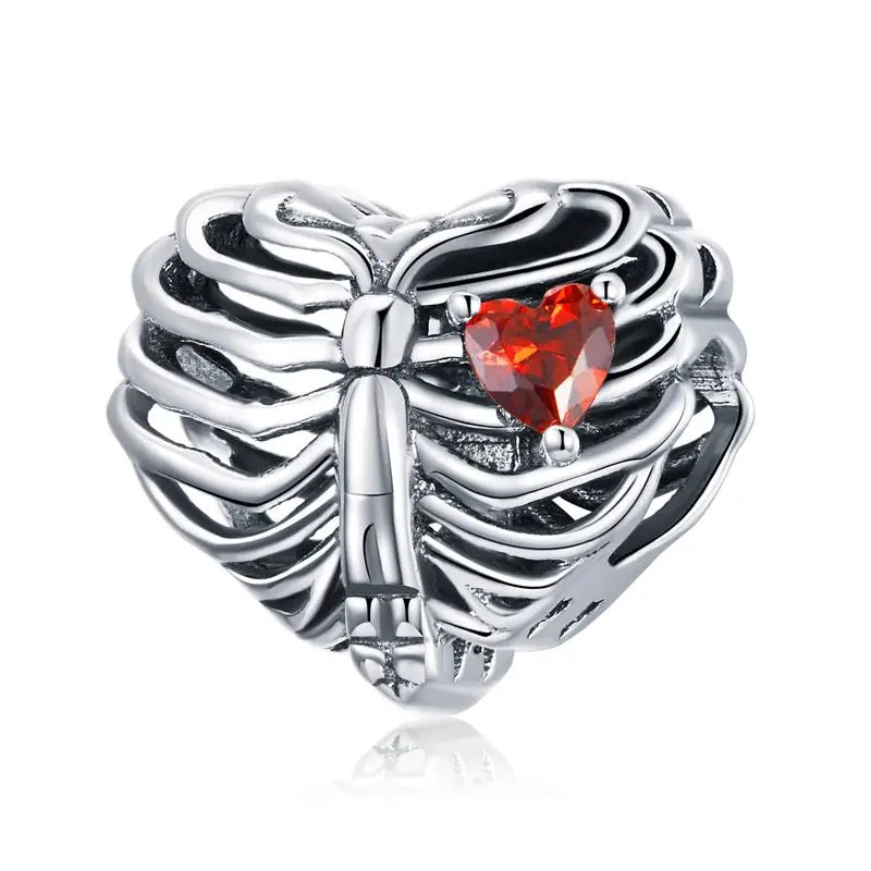 WOSTU 925 Sterling Silver Anatomical Skull Charms Red Heart Pendant Murano Glass Beads for Bracelet Making, DIY Jewelry Findings