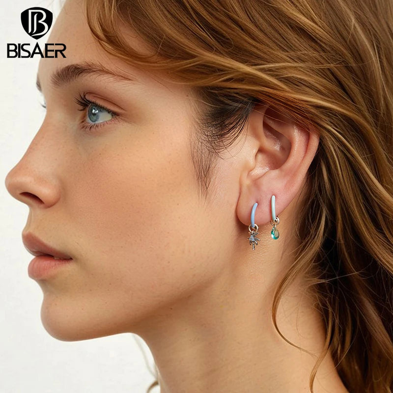 BISAER 925 Sterling Silver Summer Droplet Hoop Earrings Green Water Drop Ear Hooks for Women & Girls Party Fine Jewelry ECE1875