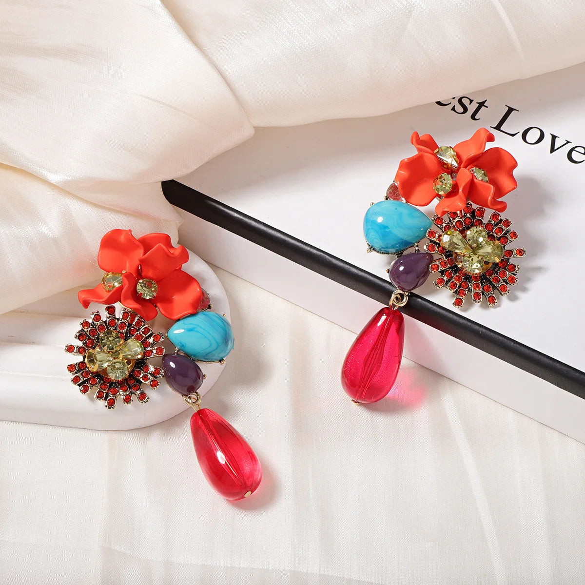 ZAA Personalized Trendy Resin Flower Water Drop Long Earrings