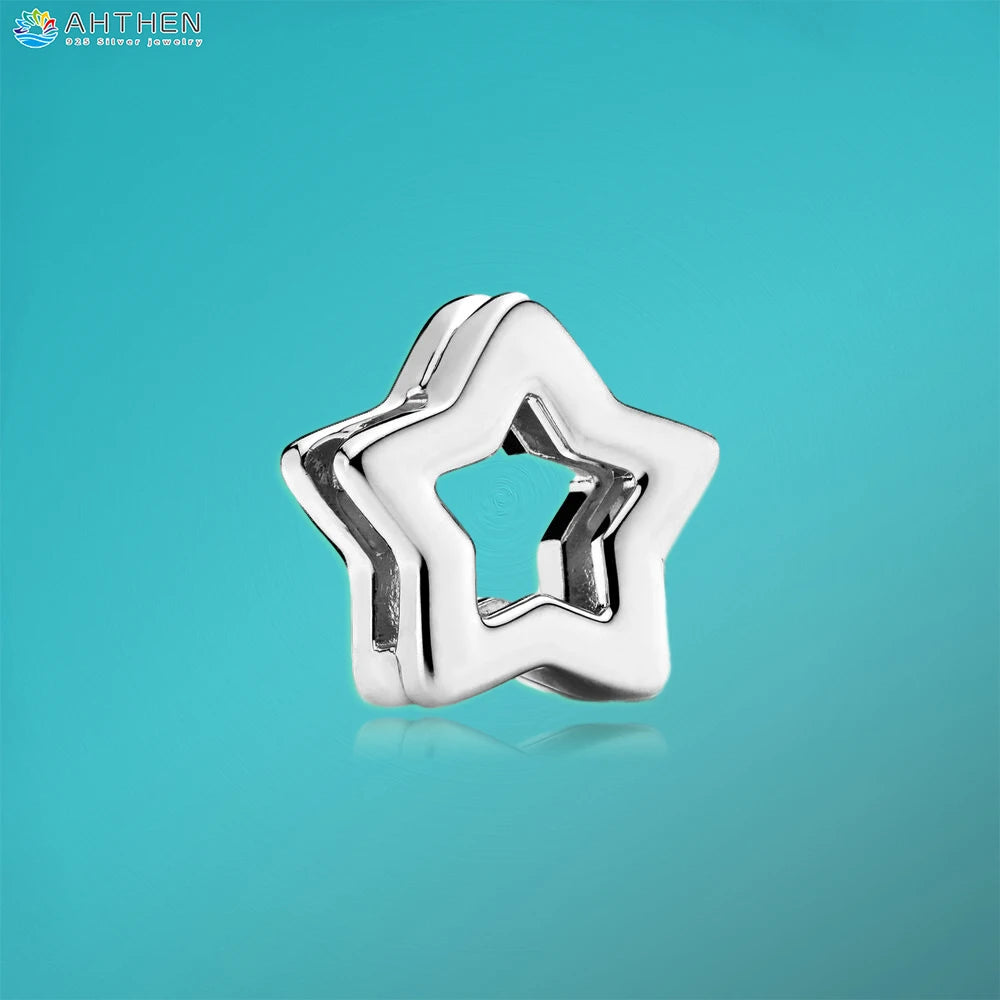 Ahthen 925 Sterling Silver Bead Silver Star Timeless Sparkle Heart Dangle Clip Charms fit Snake Chain Reflexions Bracelets