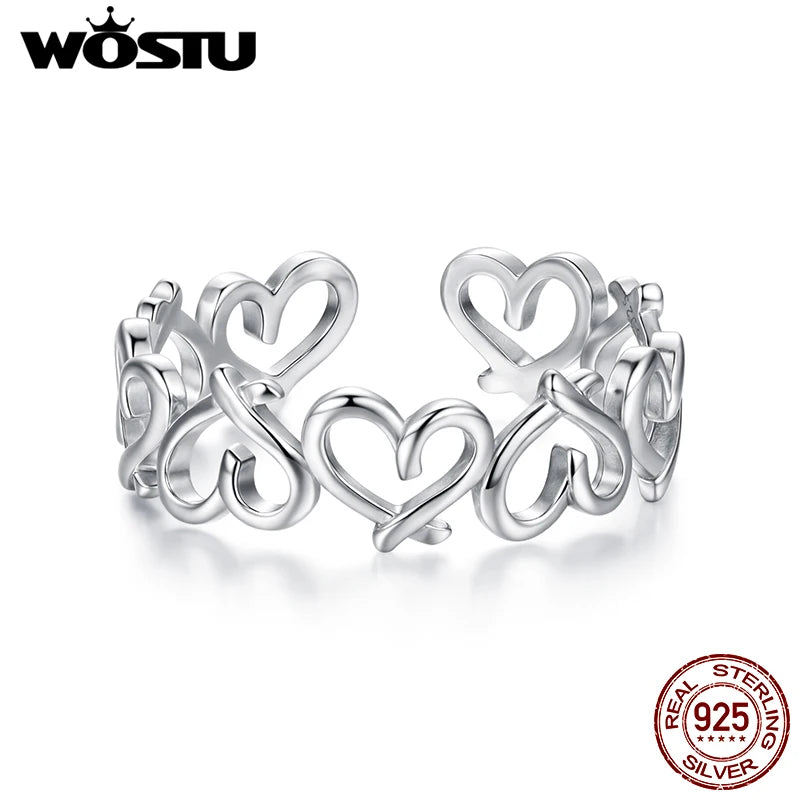 WOSTU Real 925 Sterling Silver Heart To Heart Open Ring For Women, Adjustable Stacking Hollow Ring Valentine's Day Gift for Her