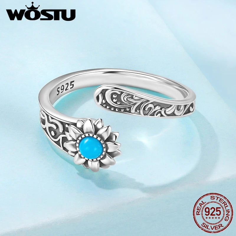 WOSTU 925 Sterling Silver Vintage Turquoise Sunflower Ring Stacking Simple Flower Opening Rings Jewelry Gift For mom Love Family