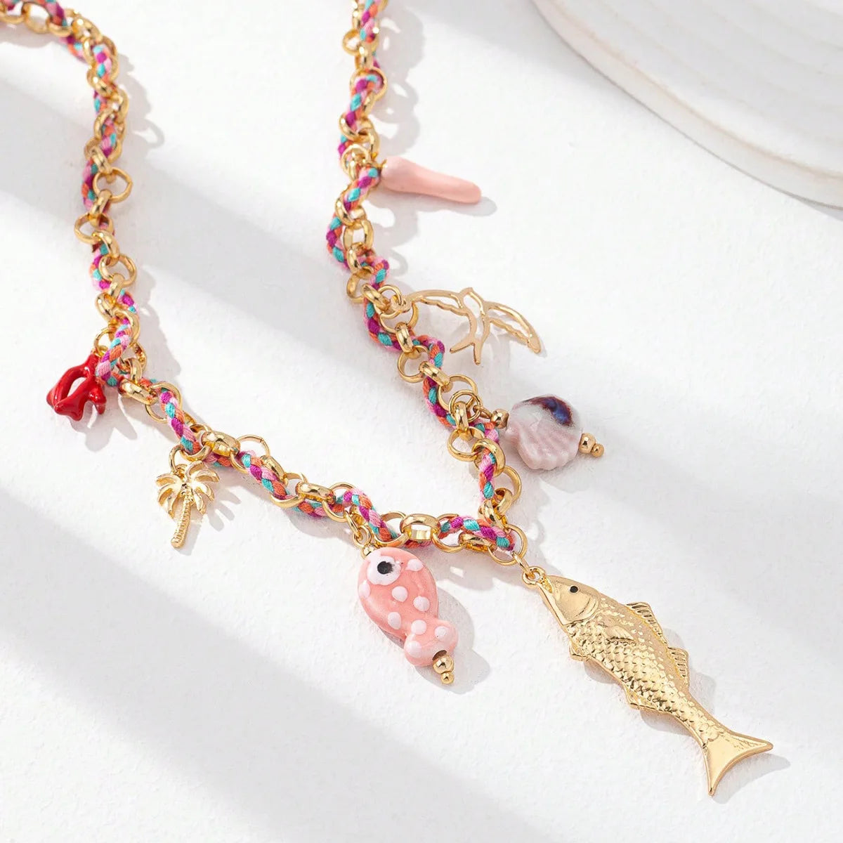Summer Vacation Ceramic Drip Oil Fish Conch Coral Coconut Tree Multi Pendant Women's Necklace