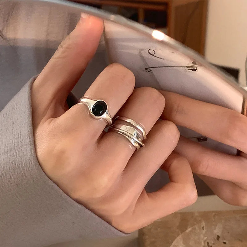 925 Sterling Silver Rings Fashion Hip Hop Vintage Couples Creative Black Stone Design Thai Silver Party Jewelry Birthday Gifts