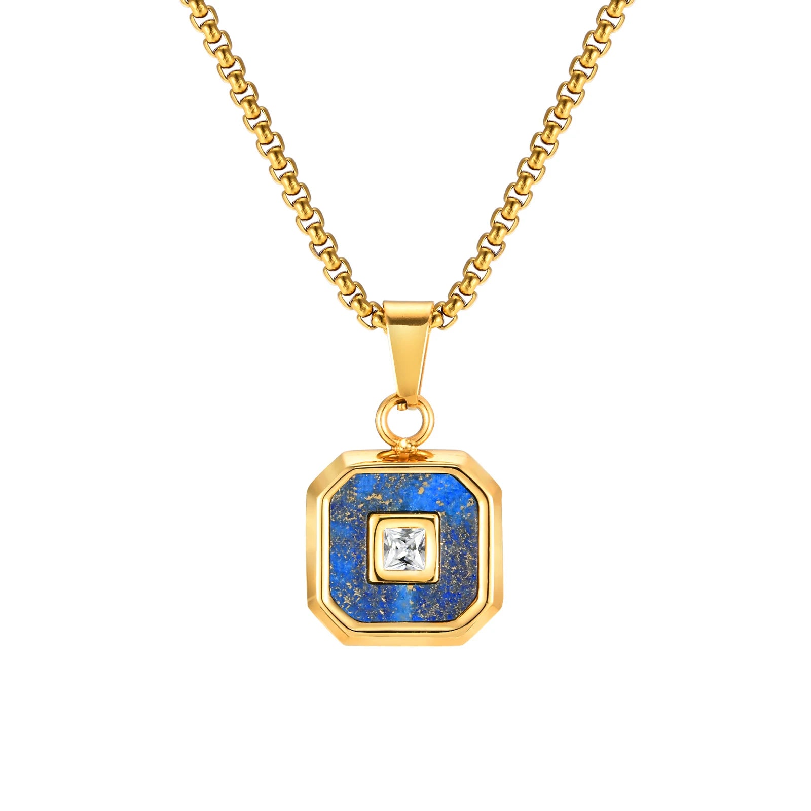 Vnox Mens Square Pendant Necklaces, Small Geometric Natural Stone Pendant with AAA CZ Stone, Simple Vintage Collar