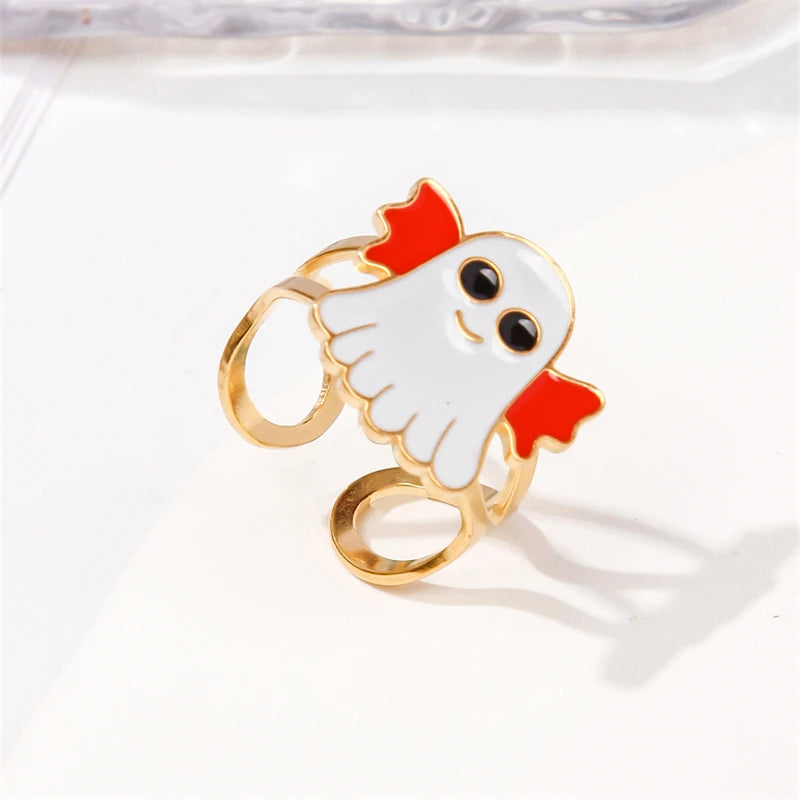 Niche Design Halloween Stainless Steel Ring For Women Cute Cartoon Ghost Pumpkin Skull Bat Adjustable Finger Ring Party Jewelry