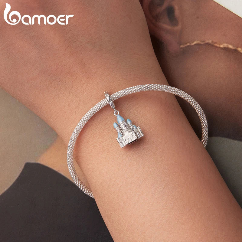 BAMOER 925 Sterling Silber Romantischer Schlossanhänger Rosa Schleifen-Zwischenperlen Kreuz-Glaubensanhänger für Halskette DIY Schmuckzubehör