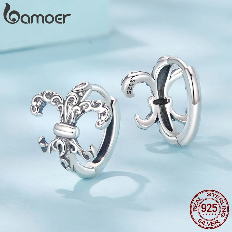 BAMOER Solid 925 Sterling Silver Retro Iris Hoop Earrings Floral Pattern Huggie Earrings for Women Classic Fine Jewelry